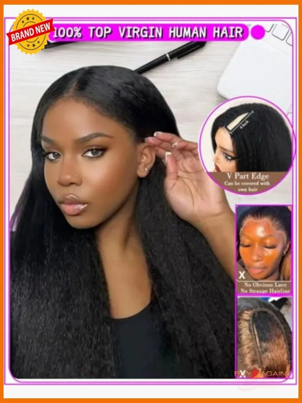 V Part Kinky Straight Human Hair Wig 200% Density Glueless Half Wig